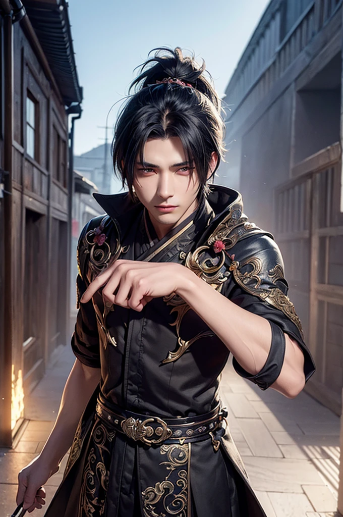 estilo rpg, personagem masculino 23 anos, messy medium black hair, purple dragon eyes, Magical marks of the squama dragon on the back of his eyes, com um olhar arrogante, roupas escuras com detalhes de nobreza, em um reino em chamas roxas