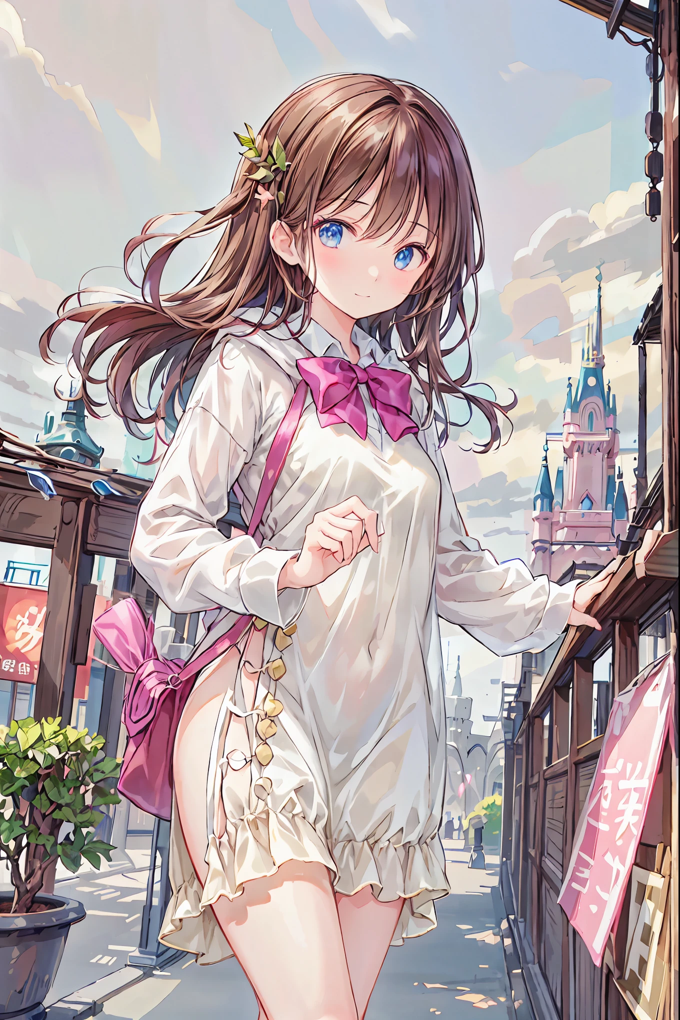 winter， night，Girl in a Coat ，  muffler  ，  illumination， Tokyo Disneyland , Tokyo Disneyland の活気に満ちた魔法のような雰囲気の中を歩く,  casual clothes､Cute clothes､Cinderella Castle can be seen in the background,  Warm Sunlight ､The vibrant and cheerful atmosphere of Disneyland，Families and couples pass by,