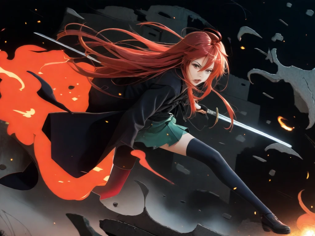 1 girl, cowboy shot, rubble ruins,a little anger, (battle preparation:1.2), open your mouth, (night:1.2), explosive inflammation,shana, red eyes, redhead, very long hair, hair between eyes, (Ahoge:1.1), explosive flame,abandoned building,rubble serafuku, green skirt, Thighhighs,long Japanese sword wrapped in flames..,highest quality, masterpiece, High resolution, black long coat,Flaming on One Side ,black long sleeve,
shana, red eyes, red hair, very long hair, hair between eyes, ahoge),  score_9, score_8_up, score_7_up, source_anime, Swing a japannse sword with both hands ,(photo realistic:1.4),(realistic skin:1.4),photo realistic,Holding a Japanese sword with both hands,Battoujutsu,Put your hand on the pattern of a Japanese sword,A giant Japanese sword with a black handle,Red Sky,Burning Ground,Flames burning in the dark,Late Night,Point the blade upwards,Turn the peduncle forward