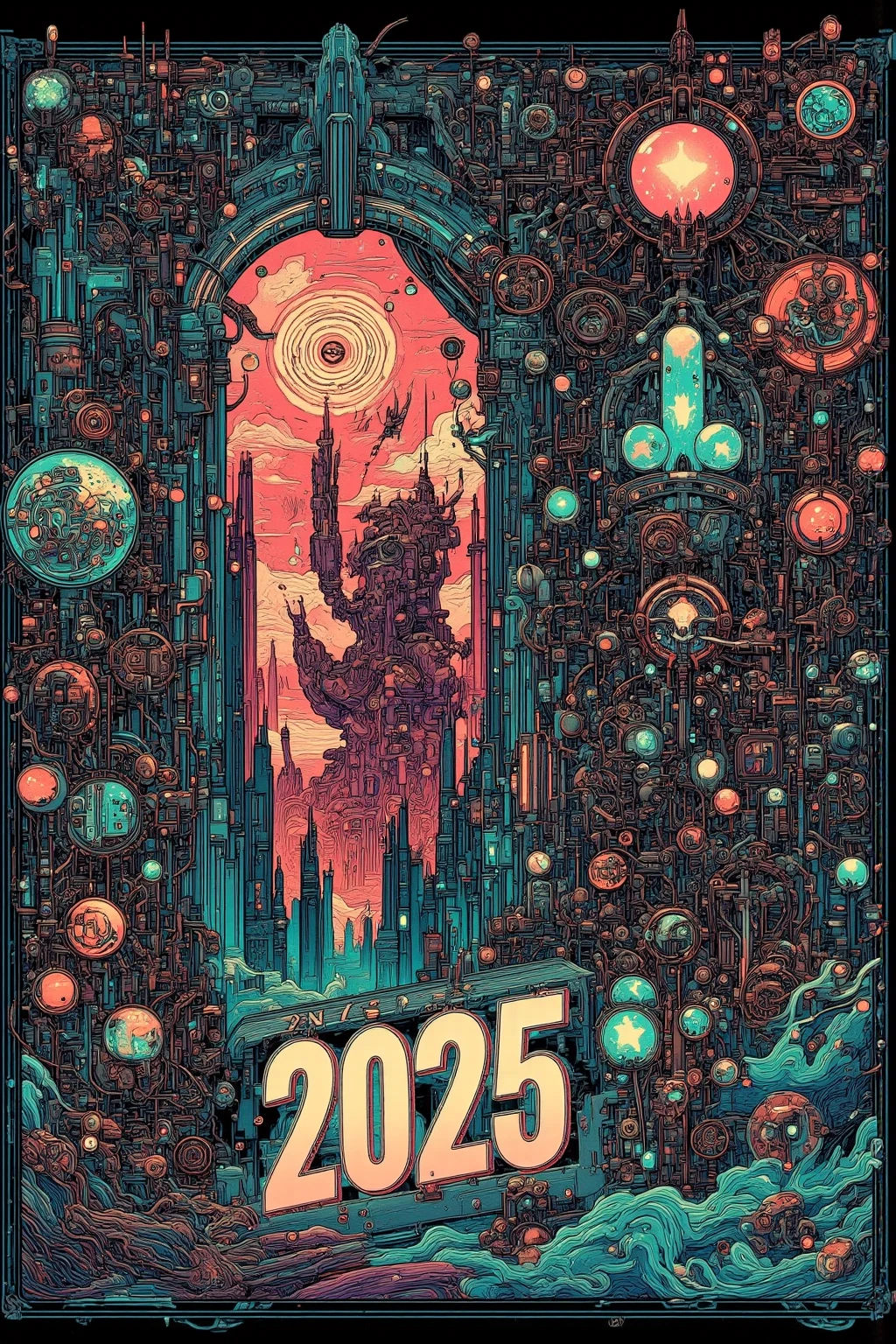 "2025  happy new year" Posters Celebrating the New Year with , Design Combining Past and Future , Retrofuturism , Letters as Headlines {x} Geometric and colorful designs that reinterpret 1980s elements in a modern way,Future Dusk , Transcendent Pink ,  Dynamic Typography , Gradients and Metallic Effects on Posters , Reed Glass-like Transparency 