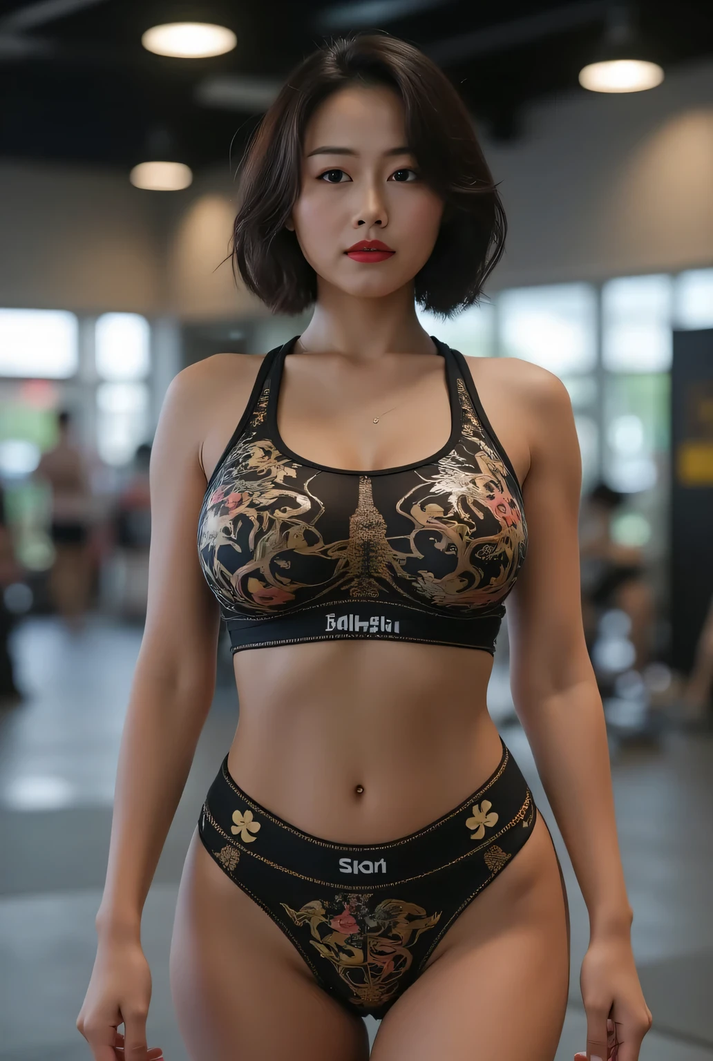 Highest Quality, ((Photo realistic:1.1)), HDR, (Looking at the viewer:1.3), (Sharp focus), Absolute masterpiece,
Elaborate training wear that is depicted in ultra detail, Training gym,
(Big breasts:1.3), Bangs, Short wavy bob, Very beautiful Japanese woman, Glamorous body, Plump body