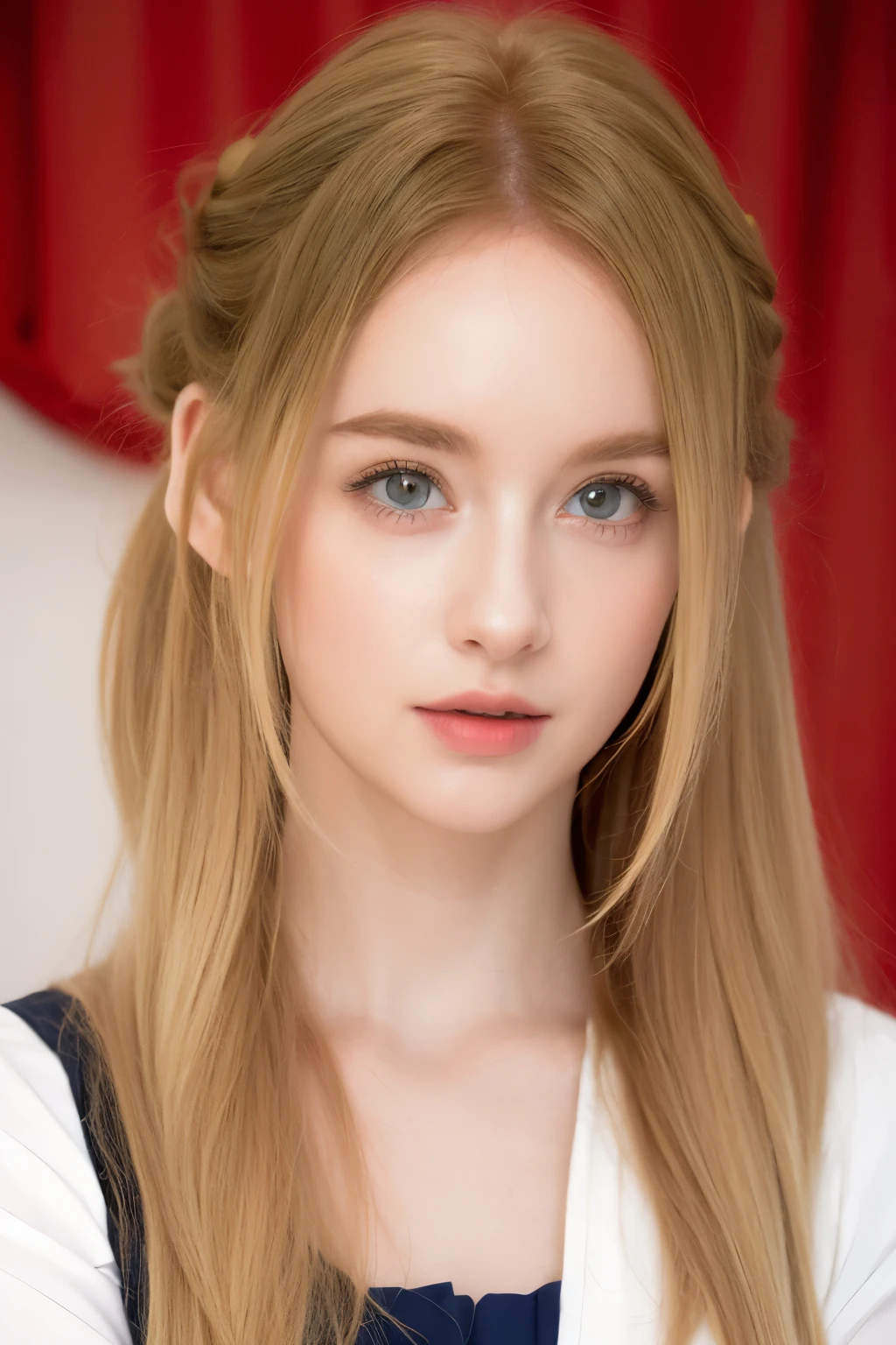  one girl,face,white色の背景,Kinematica Matrix 5,  beautiful, white , Big Nose, Curly Hair, Natural red cheeks,  20 year old girl, His eyes are blue. Her hair is voluminous. Vintage Outfit,  blondes ( blondes Hair)