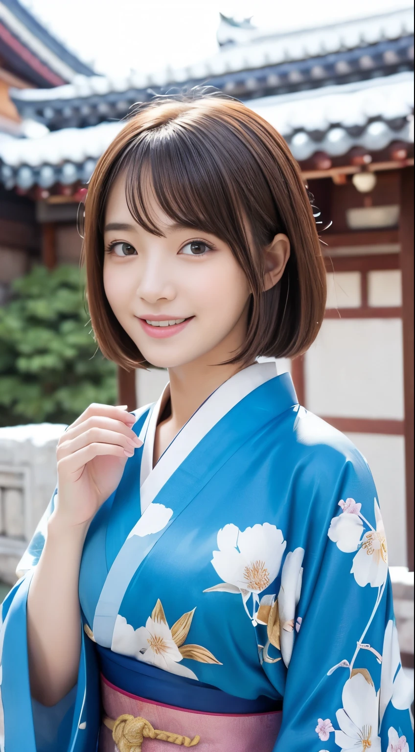 Beauty.................,, shrine、 Sunny、winter、   kimono、Blue kimono with floral pattern、 , sakimichan,, Beautiful nose、 Small face、 , nice smile, sakimichan hdri、、、 slender、Big Breasts 、、 brown hair 、 brown hair の髪、、 short bob 、Cute pose、 close your mouth