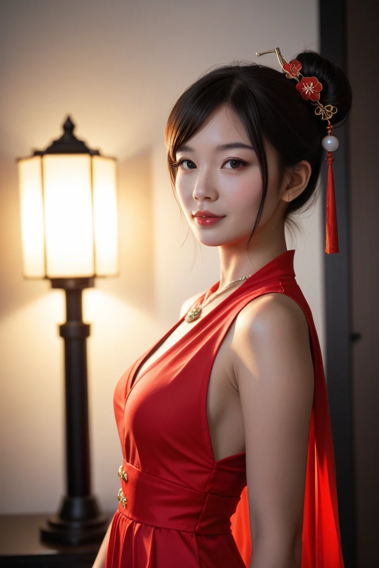 best quality, masterpiece, highres, 1girl, china hanfu,chinese architect background, red scarf, hair ornament,necklace, jewelry,Beautiful face,upon_body, tyndall effect,photorealistic, dark studio, rim lighting, two tone lighting,(high detailed skin:1.2), 8k uhd, dslr, soft lighting, high quality, volumetric lighting, candid, Photograph, high resolution, 4k, 8k, Bokeh,red dress girl