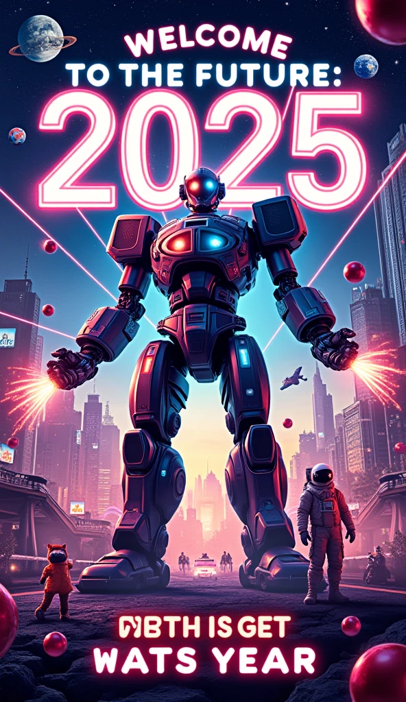 Create a mind-blowing New Year 2025 poster that screams eccentric and futuristic! Picture a giant robot shaped like the number '2025,' its arms raised triumphantly, shooting out fireworks and lasers. The background is a chaotic, neon-colored cityscape with flying cars and surreal floating planets. Surround the robot with quirky elements like a disco-dancing astronaut, a time-traveling cat in a space suit, and a parade of sentient champagne glasses. Bold, glowing text at the top says, 'Welcome to the Future: 2025!' At the bottom, include the phrase, 'Let’s Get Weird This Year!' in a playful, animated font. The design should feel like a wild sci-fi party in another dimension.