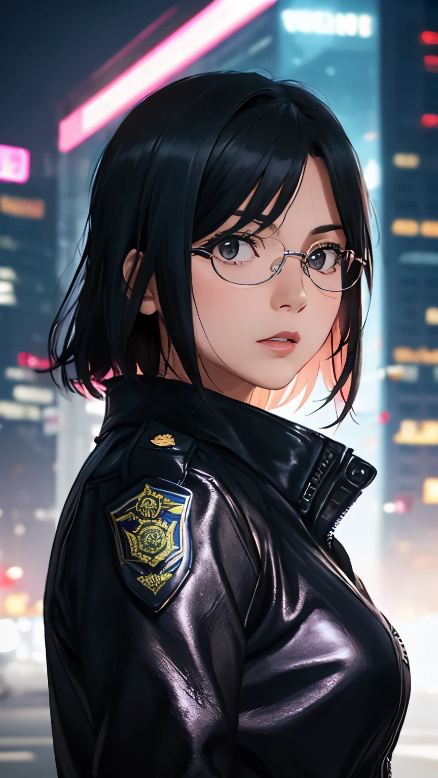 Portrait of Embuheis,  beautiful faces, On a cyberpunk city night . Wear a pink leather open jacket, lingerie, Dramatic lighting, (Police Badge:1.2).Sexy female police officer、 wearing glasses 