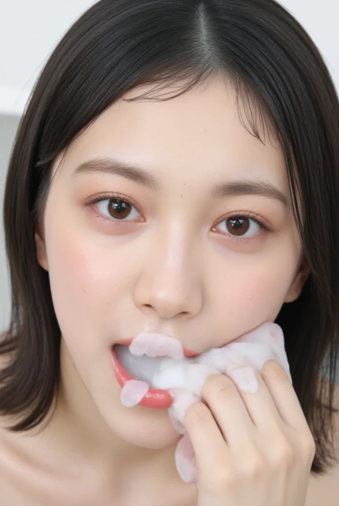  high resolution young Japanese female idol pictures, Alone,  One Girl ,  focus on face ,  face close-up, Completely naked、 I can see my nipples、Big Breasts、 straight long black hair,  blue-white skin,  detailed face ,   detailed eyes ,  enchanting eyes, Light Makeup, watching here、(Kneel、 open your mouth, After a fellatio 、Cum on face and in mouth),  bathroom