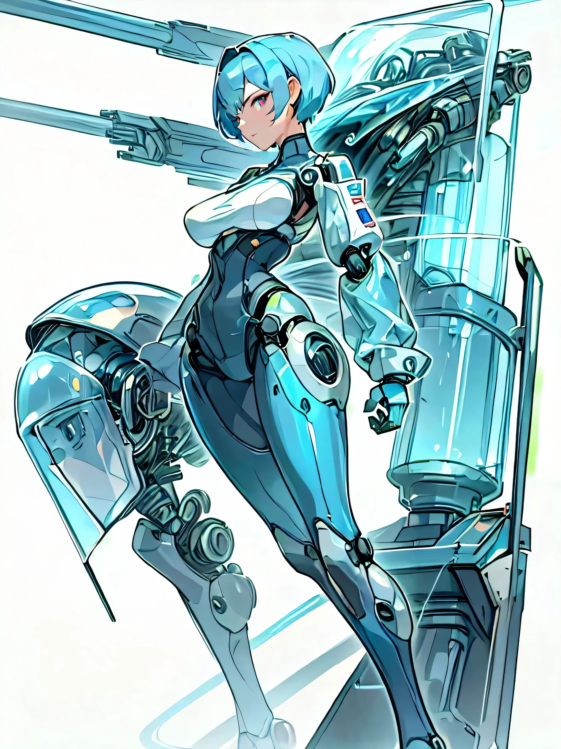 Highest quality,(One girl, alone, Adult female, Mature Woman), Light blue hair, short hair,
GlassSteelAI,  Pochinkov, GlassSteelAI robot female, Hip, Tight waist, Large Breasts, Robot Joints,