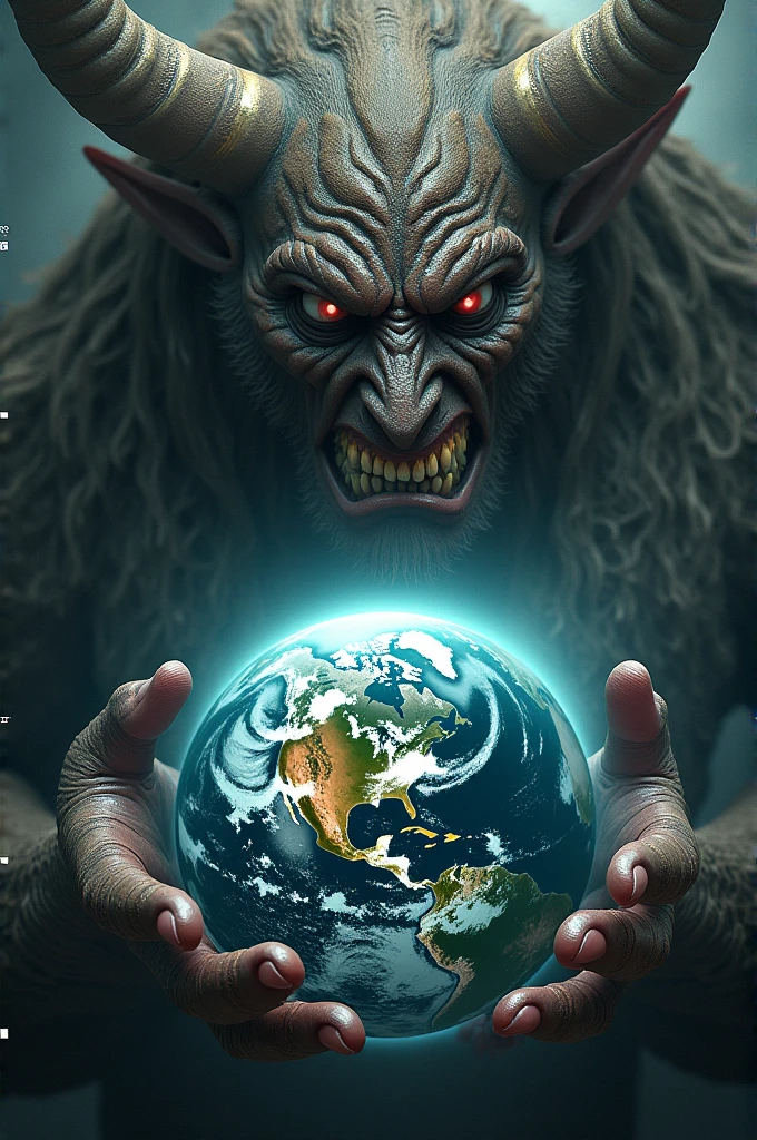 (photorealism:1.2), horizontal rectangular image, 1 giant furry demon holding the planet Earth in his hands, There are hundreds of vampires around, The demon glows with intense orange-red light, the rest is dark reddish purple, 