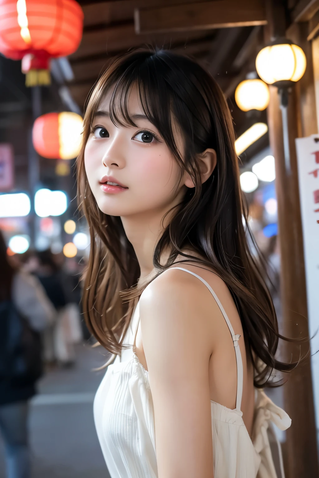 masterpiece、1 beautiful girl、Detailed eyes、Puffy eyes、Highest quality, 超High resolution, (Reality: 1.4), Cinema Lighting、Japanese、Asian Beauty、Korean、Super Beauty、Beautiful Skin、Slender、Body facing forward、(Surreal)、(High resolution)、(8k)、(Very detailed)、(Beautiful and detailed eyes)、(Ultra-detailed)、 (wallpaper)、Detailed face、Bright lighting、Professional Lighting、View your viewers、Look straight ahead、The outfit is a clean light orange shirt and dress.....、46 point diagonal bangs、Night Scenery、Brown Hair、Nogizaka Idol、Korean Idol、Gravure idol pose、、Age 25、expensive,