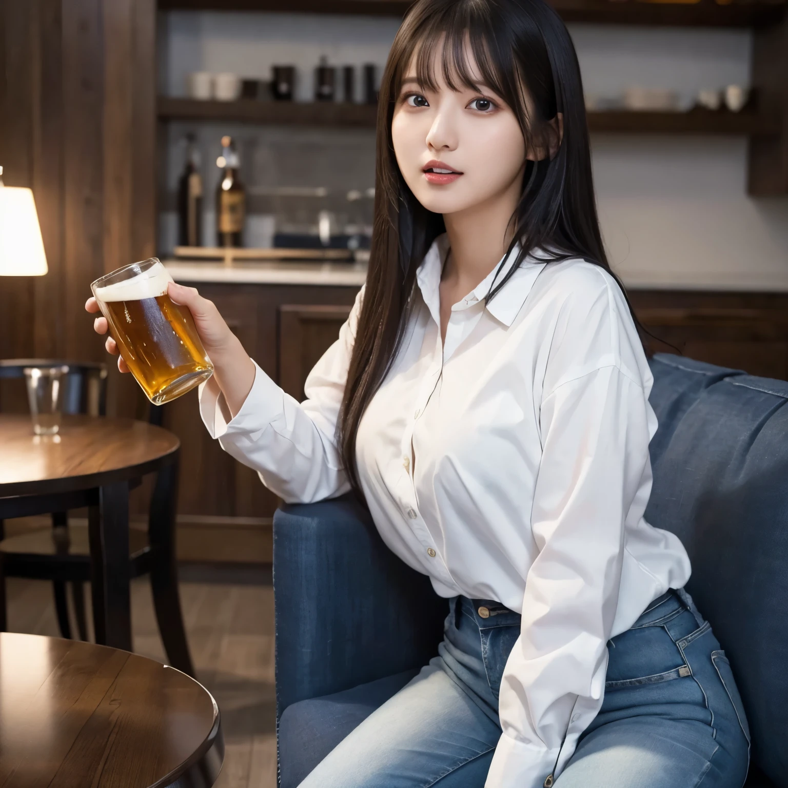  white shirt,  jeans,  Modern Living Room ,  Lightly Lift Your Beer Glass,  looking at camera, open your mouth wide ,  girl, busty,  black hair,  straight hair,  with bangs, 's greatest masterpiece,  professional lighting, Lighting from the front, reflex version