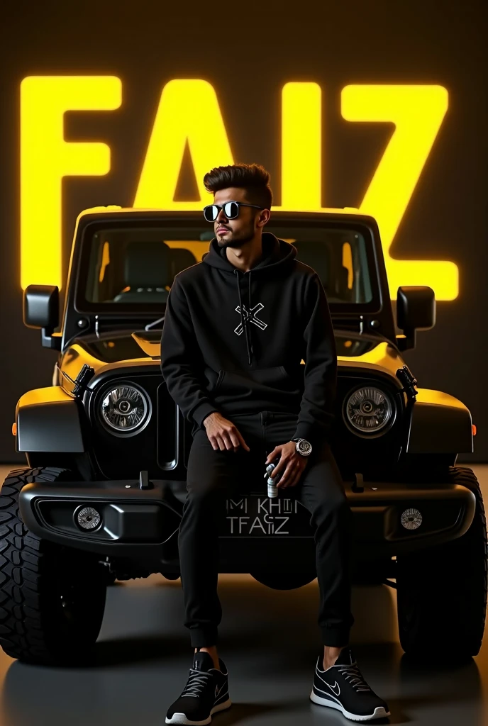 CREATE A 3D ILLUSION FOR PROFILE PICTURE Where GIRL In A Black Sunglasses And Black Hoodie Sitting Casually on Black Mahindra Thar Rox And "King 👑 FAIZ" Printed On Number Plate With a yellow neon light Vape on hand. And a ferocious yellow neon light Hookah by my side. Wearing sneakers, he looks ahead. The background features “MAHIN KHAN” in big and capital yellow neon light fonts on the black wall. There should not be his shadow, and there are wings to make it appear as if he is an angel