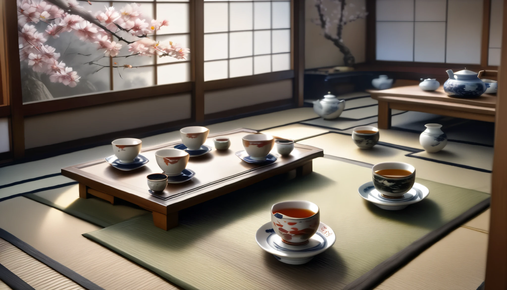 A Japanese yunomi party during the new year, people gathering around a table with traditional yunomi teacups, warm lighting, cherry blossoms, intricate kimonos, tatami mats, steaming tea, serene atmosphere, (best quality,4k,8k,highres,masterpiece:1.2),ultra-detailed,(realistic,photorealistic,photo-realistic:1.37),intricate details,warm tones,natural lighting,cinematic composition,elegant,traditional Japanese style