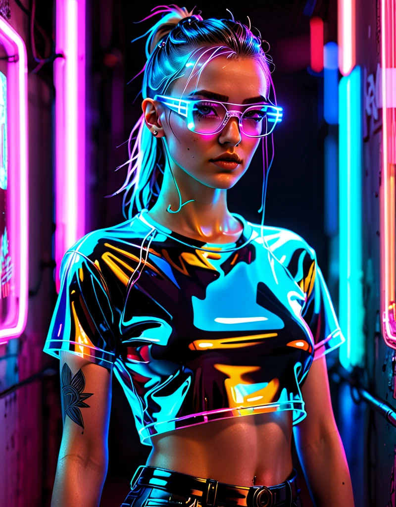 Realistic, cyberpunk style, neon lights, high-tech, wearing only a plastic transparent tshirt, not wearing glasses, not wearing a bra, breast visible through clothes, European 