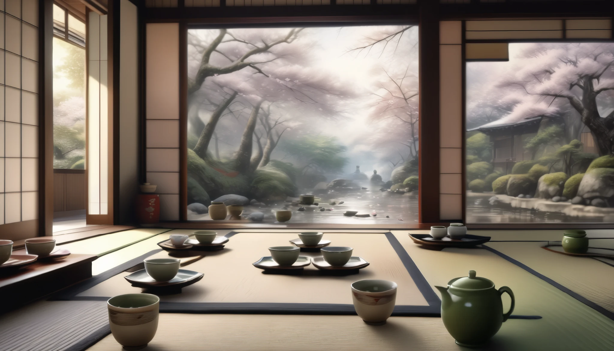 A Japanese yunomi party during the new year, people gathering around a table with traditional yunomi teacups, warm lighting, cherry blossoms, intricate kimonos, tatami mats, steaming tea, serene atmosphere, (best quality,4k,8k,highres,masterpiece:1.2),ultra-detailed,(realistic,photorealistic,photo-realistic:1.37),intricate details,warm tones,natural lighting,cinematic composition,elegant,traditional Japanese style