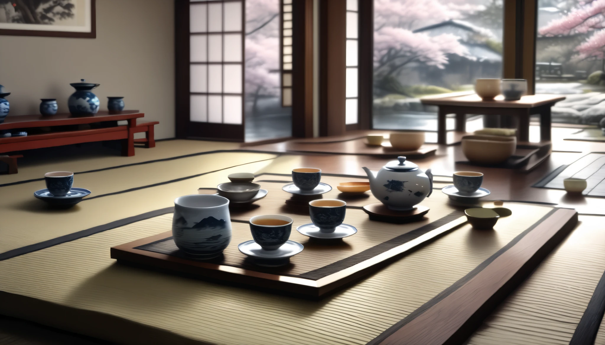 A Japanese yunomi party during the new year, people gathering around a table with traditional yunomi teacups, warm lighting, cherry blossoms, intricate kimonos, tatami mats, steaming tea, serene atmosphere, (best quality,4k,8k,highres,masterpiece:1.2),ultra-detailed,(realistic,photorealistic,photo-realistic:1.37),intricate details,warm tones,natural lighting,cinematic composition,elegant,traditional Japanese style