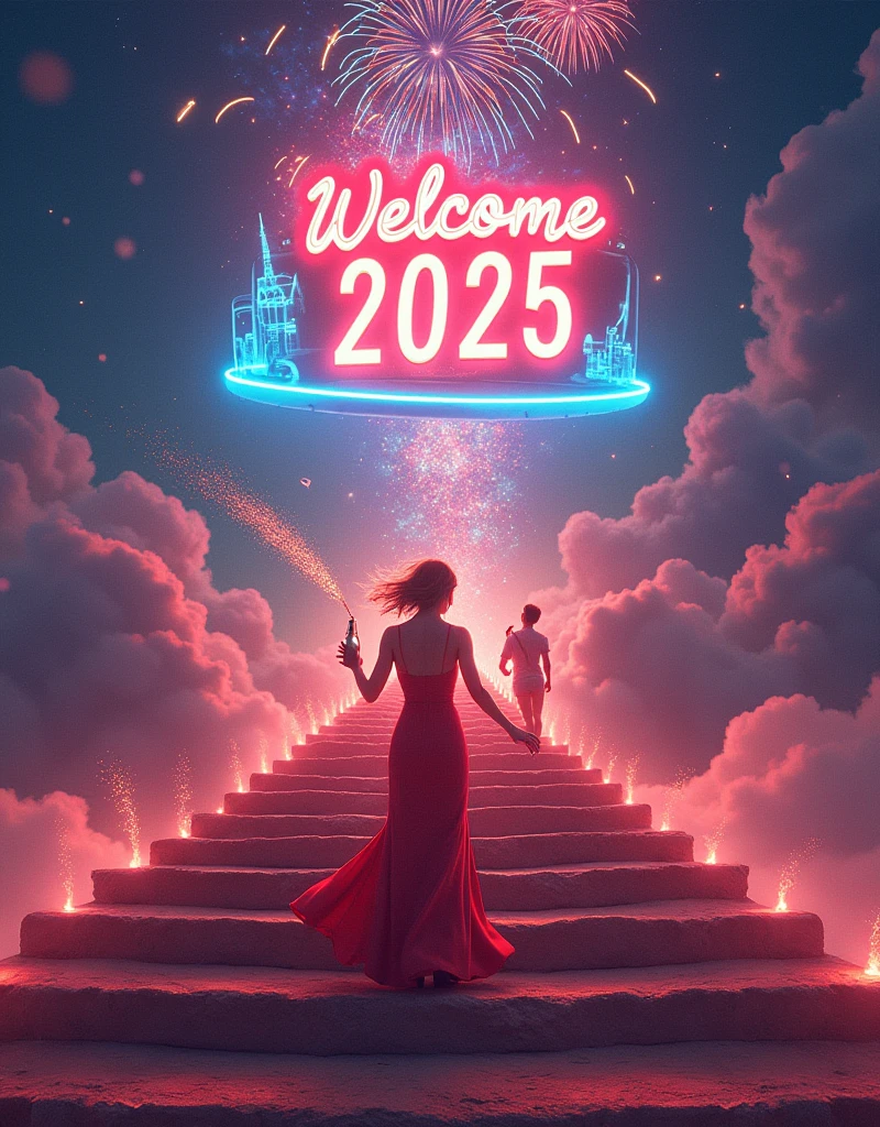 An Infinite Stairway to the Sublime featuring dance hall on night-sky is alive with vibrant fireworks, a woman wearing designer red dress Dancing with circle of friends and teammates. In his hands he holds a bottle of champagne with glass. Champagne foam from the bottle splashes in different directions. a fonts read "Welcome 2025", the billboard inflatable:1.5, Electronic neon circuit texture, layered with Quantum Probability Waves and manifested via Psychedelic Synesthesia Encoding, pulsing with galaxy blue and electric cyan rhythms
