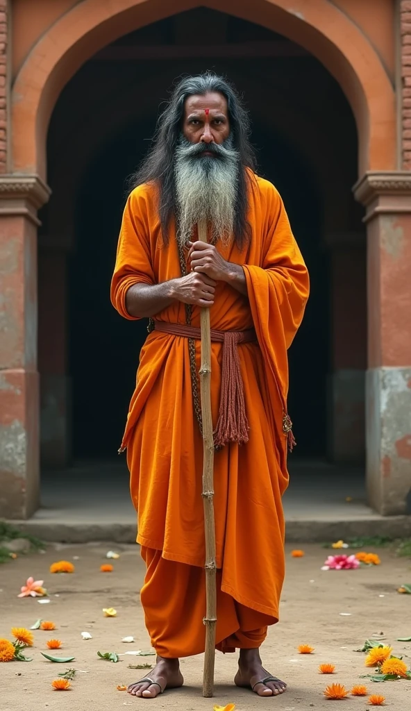 Indian sadhu long hair beard mustech kamandal rudraksha mala bhagwa cloths smiling face abhay mudra 