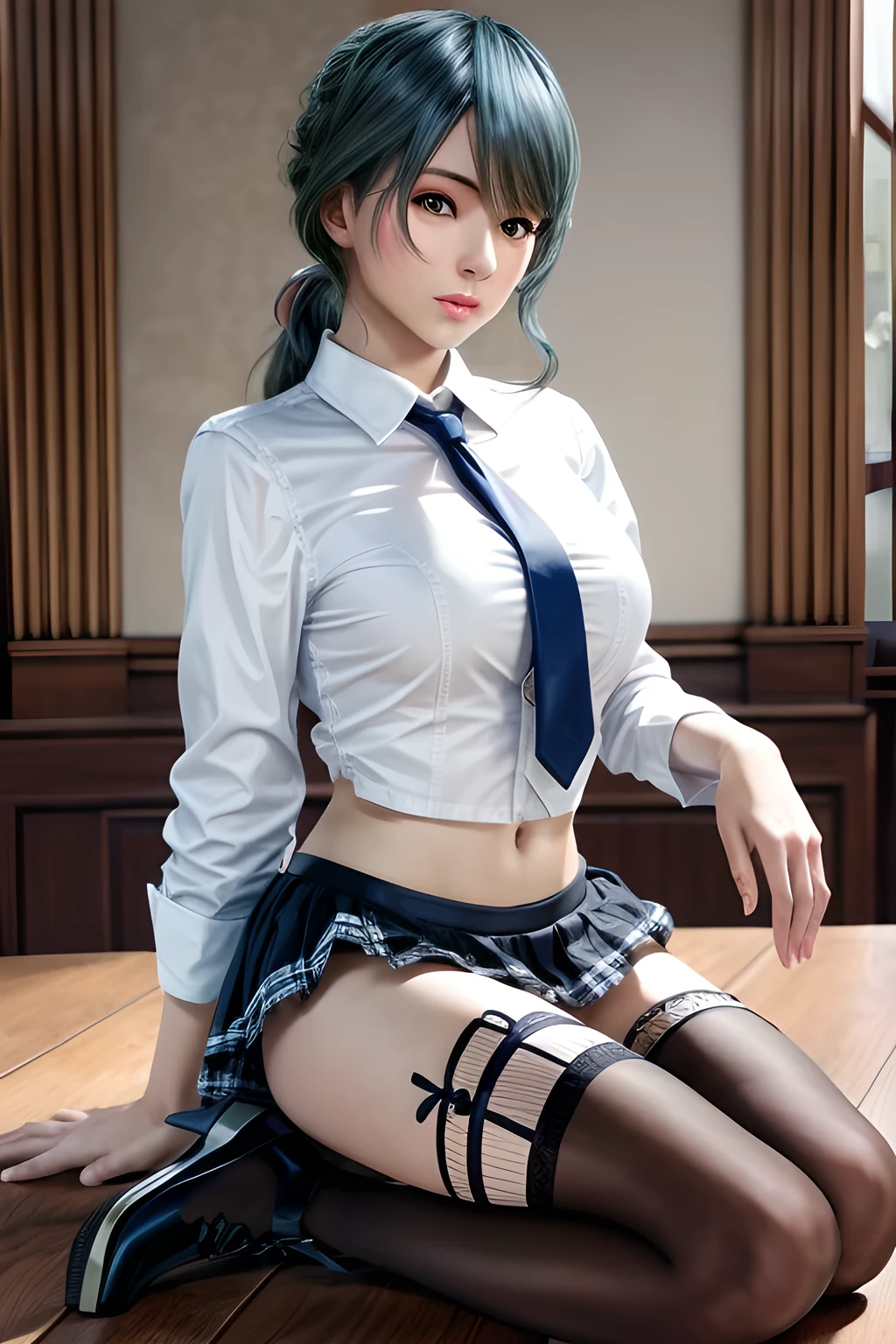 ((masutepiece)), ((Best Quality)), (Ultra-detailed), ((kawaii)), quavery), ((Sexy)), (Ero), ((Extremely detailed)), 4K, (8K), Best Quality, (Beautiful),
In the classroom, Straddling a chair, M leg,
1girl in, ((Beautiful blue eyes Beautiful black pigtail hair, Glasses,
Dark brown high school uniform, Open Button Shirt, Pleated skirt, Stockings, Pump Shoes, ((White panties, Cameltoe)),
Buttocks, large full breasts, full of sweat, Wet body, Navel out, thighs out, slim, slender, ribon, Ashamed, blush, Translucent body, Transparent, shiny-glistening, gleaming,