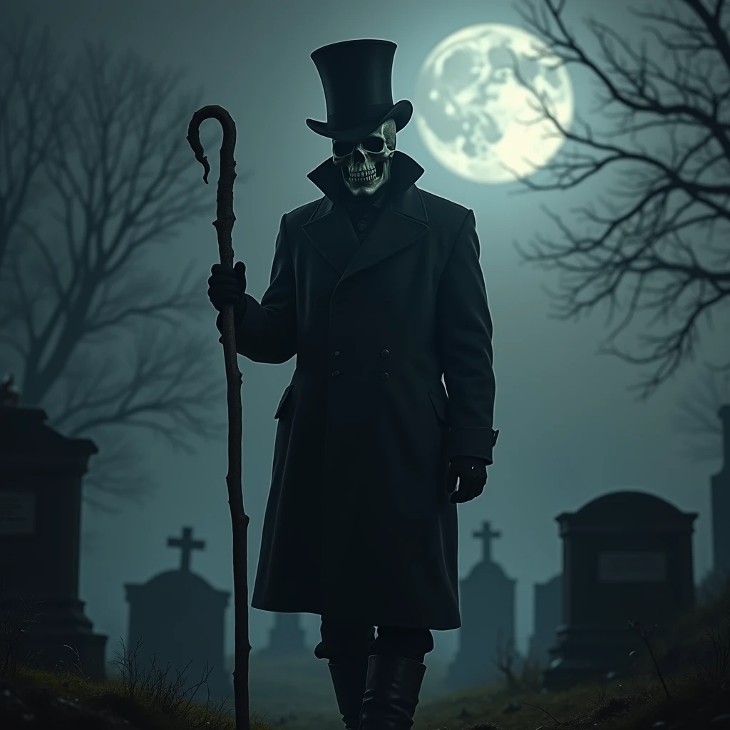 A man with a skeletal face, with the appearance of a skull, wears a black top hat on his head. He holds a cane with a bone grip in one of his bare hands. In his other hand, he holds a small skull adorned with bows, which reveals an adorable angelic-looking girl beside him. The scene takes place in a shadowy graveyard, where gnarled trees and broken tombstones surround the room, emitting a macabre atmosphere. The full moon shines in the night sky, casting a pale light on the scene, highlighting the sinister details and morbid beauty of the scene