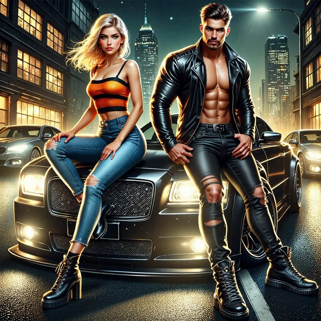  Glossing full-waist scene Digital realistic illustration is a dynamic full-length scene .  Beautiful naive gentle 18-year-old woman in a contrasting bright top and jeans a man with SHINY blond hair ,  sits sideways on the car bumper by a handsome brutal 35-year-old muscular gangster man with short black hair, in black ripped jeans ,T-shirt and black biker jacket .   Against the backdrop of an empty night street in a modern metropolis  . Sunlight illuminates every figure . BRIGHT,textural, three-dimensional , bright rich complementary colors .dynamically.textural.  correct anatomy proportions .right hands .  Model beautiful faces . Perfect for a book .vibrant hue saturation.