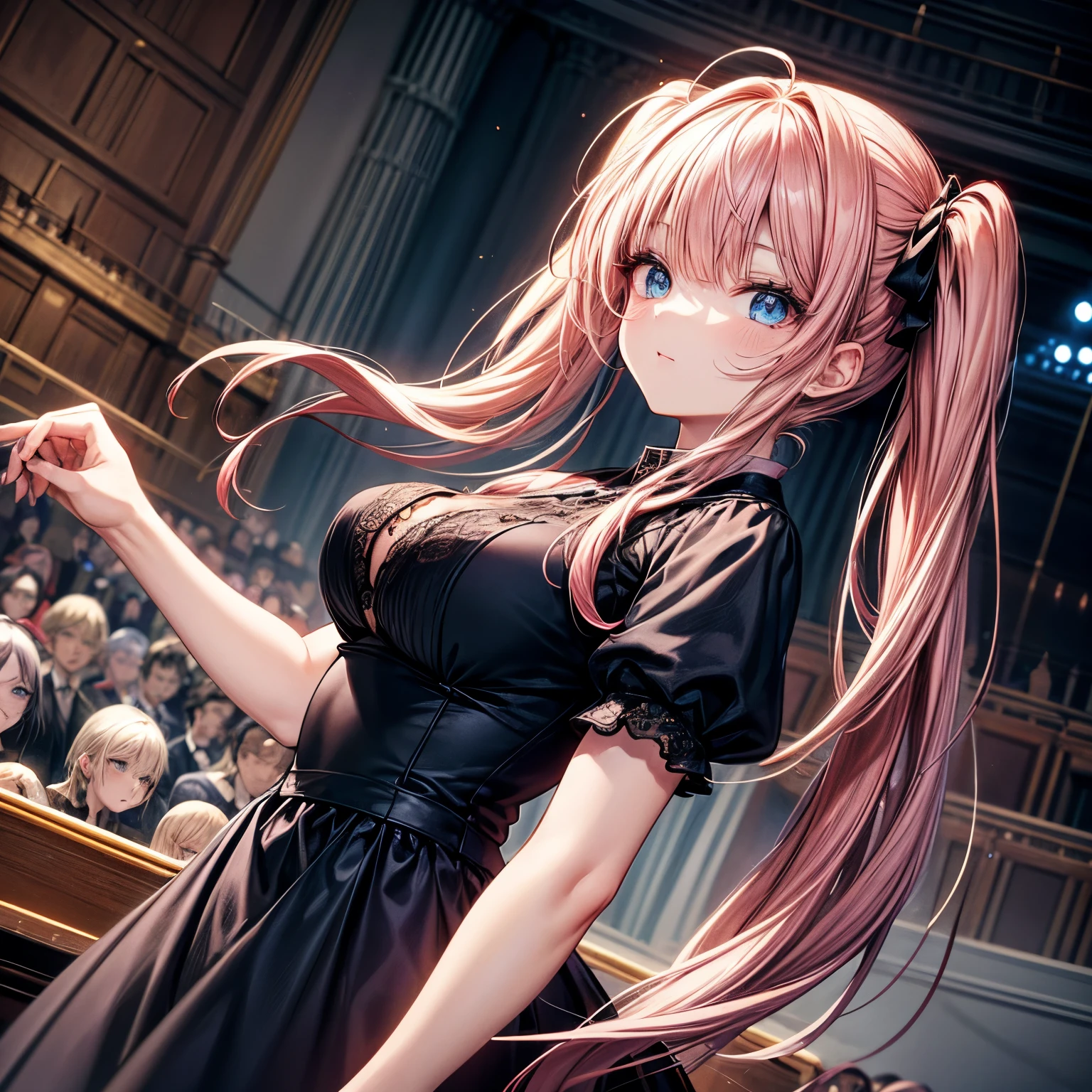 Extremely detailed, CG unity 8k Wallpaper, Masterpiece, best quality, ultra detailed, Best shadow, sharp lineart. Korean webtoon style, female girl with long pink hair, lazy low twin tails and blue eyes, is in an orchestral symphony hall, formal clothings. Dynamic Camera