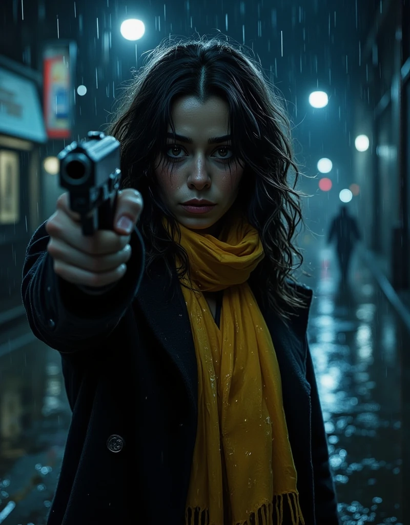 dynamic photo art. Cinema dark comics style. A Full body shot from ground level. stunningly beautiful Cristin Milioti points at the camera with a gun, floating makeup, smudged mascara, crazy facial expression, long light black coat and long yellow scarf. Raindrops. A side wind blows my hair and long scarf.. Gotham night on the background. Low key lighting, focus on the face. Dramatic cinematic shadows.. 32k DSLR photograph, shot through the professional-grade optics of a Canon lens, resulting in an ultra-realistic, breathtaking masterpiece of unparalleled quality and resolution. ultra fine. ultra-detailed textures, pure perfection. High Resolution, High Quality