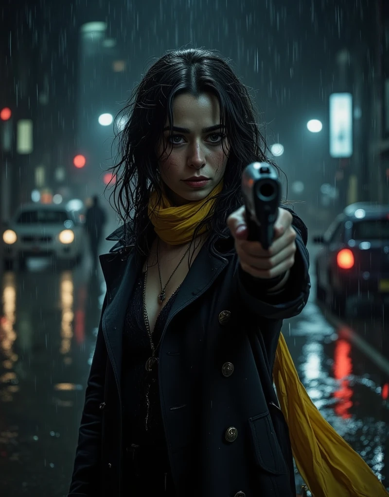 dynamic photo art. Cinema dark comics style. A Full body shot from ground level. stunningly beautiful Cristin Milioti points at the camera with a gun, floating makeup, smudged mascara, crazy facial expression, long light black coat and long yellow scarf. Raindrops. A side wind blows my hair and long scarf.. Gotham night on the background. Low key lighting, focus on the face. Dramatic cinematic shadows.. 32k DSLR photograph, shot through the professional-grade optics of a Canon lens, resulting in an ultra-realistic, breathtaking masterpiece of unparalleled quality and resolution. ultra fine. ultra-detailed textures, pure perfection. High Resolution, High Quality