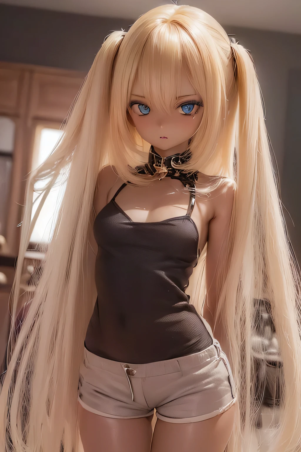 photorealistic, realistic photo, 8k, Canon EOS, ((highest quality)), ((masterpiece)), (extremely detailed), kukolnydom, doll, shiny skin, (dark skin:2), (stylish pose, living room, camisole, shorts, mature woman, 21yo, 21_years_old, solo:1.6), (medium breasts, parted lips, blonde hair, long hair, two side up, looking above, blank stare, blue eyes, glass eyes, shining eyes, detailed face:1.3)