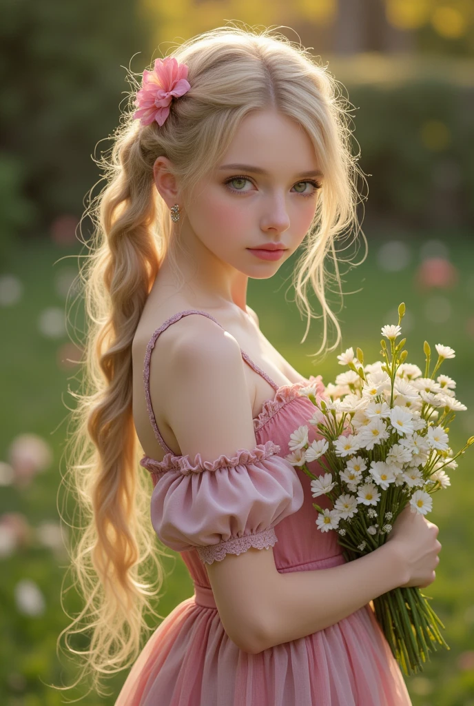 (top quality, 4K, masterpiece :1.3) a eighteen beautiful european woman, blonde haired, pale skin, very pale green eyes, slanted eyes, very long hairs,  high ponytail braids, light pink lips, holding bouquet of flowers, beautiful detailed eyes, cute earring, cute long colorful dress, cute shoes, shy look, romantic garden landscape, delicate face, shy pose, cute and warm lighting, warm angle, detailed background, beautiful detailed eyes, whole body, stand up, flowers hairstyle, wavy hair, small, medium sized chest