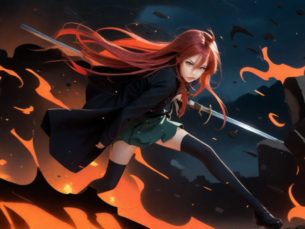 1 girl, cowboy shot, rubble ruins,a little anger, (battle preparation:1.2), open your mouth, (night:1.2), explosive inflammation,shana, red eyes, redhead, very long hair, hair between eyes, (Ahoge:1.1), explosive flame,abandoned building,rubble serafuku, green skirt, Thighhighs,long Japanese sword wrapped in flames..,highest quality, masterpiece, High resolution, black long coat,Flaming on One Side ,black long sleeve,
shana, red eyes, red hair, very long hair, hair between eyes, ahoge),  score_9, score_8_up, score_7_up, source_anime, Swing a japannse sword with both hands ,(photo realistic:1.4),(realistic skin:1.4),photo realistic,Holding a Japanese sword with both hands,Battoujutsu,Put your hand on the pattern of a Japanese sword,A giant Japanese sword with a black handle,Red Sky,Burning Ground,Flames burning in the dark,Late Night,