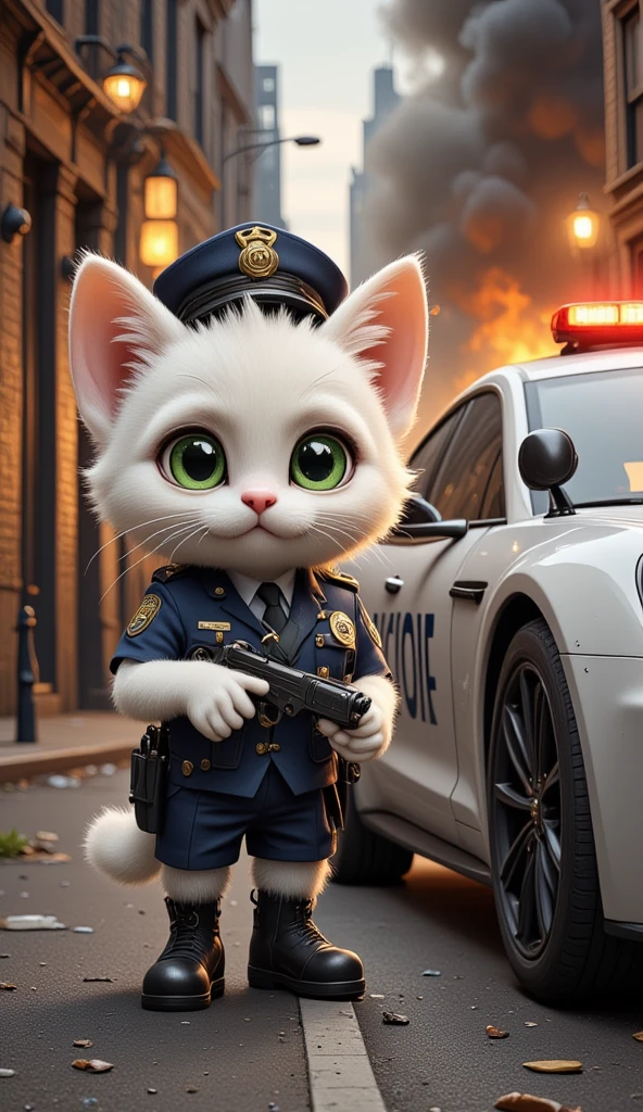 A cute anthropomorphic white kitten with big, expressive green eyes, wearing a police uniform and holds a gun, stands next to a police car on a street next to a burning building