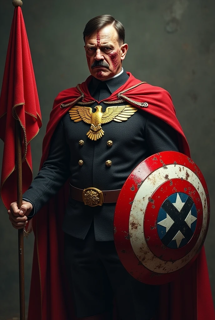 A superhero with a Nazi aesthetic, dressed in red with short, sharp, masculine white hair. He has a metallic eagle logo on his chest and a black and white ???? logo on his belt..