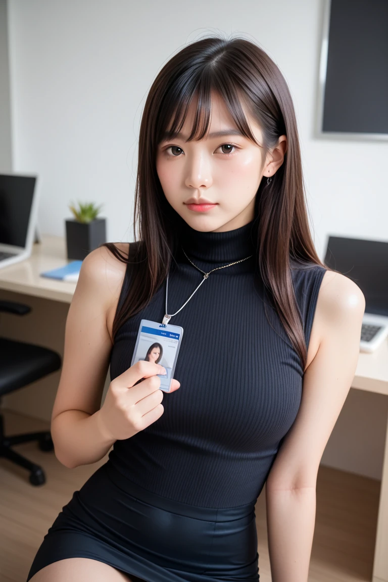 ((masterpiece,  Top Quality, Max image  ,  high definition  ,  Photorealistic  ,  RAW photos ,  High Definition Unified CG 8K Wallpaper )),  1 girl, Half Japanese and half Korean, Japanese office lady、 office lady sitting in office、whole body, Alone,  beautiful young woman  , Age 35,  realistic skin texture on the beach , Shiny Skin, Inside the office,  black shiny pantyhose,  turtleneck , Identification card, Sleeveless,  perfect body,  big boobs、Married Woman、Big saggy breasts, slightly proud expression  ,  tight skirt