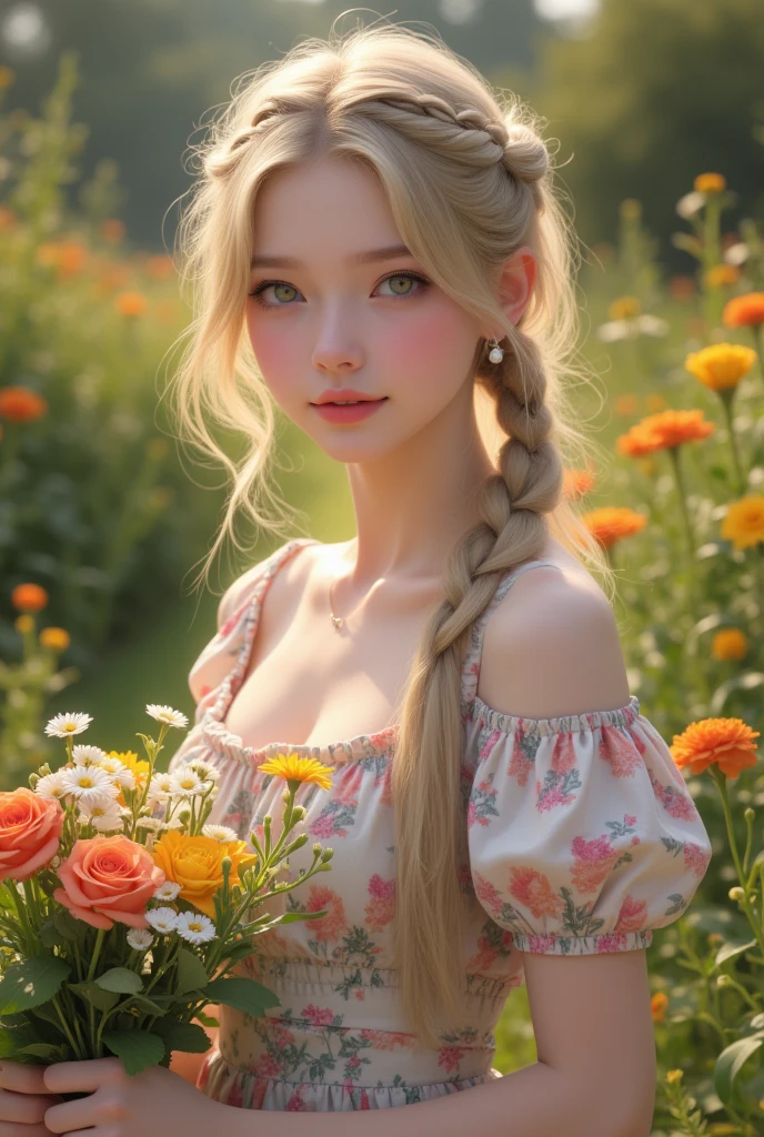 (top quality, 4K, masterpiece :1.3) a eighteen beautiful european woman, blonde haired, pale skin, very pale green eyes, slanted eyes, very long hairs,  high ponytail braids, light pink lips, holding bouquet of flowers, beautiful detailed eyes, cute earring, cute long colorful dress, cute shoes, shy look, romantic garden landscape, delicate face, shy pose, cute and warm lighting, warm angle, detailed background, beautiful detailed eyes, whole body, stand up, flowers hairstyle, wavy hair, small, medium sized chest