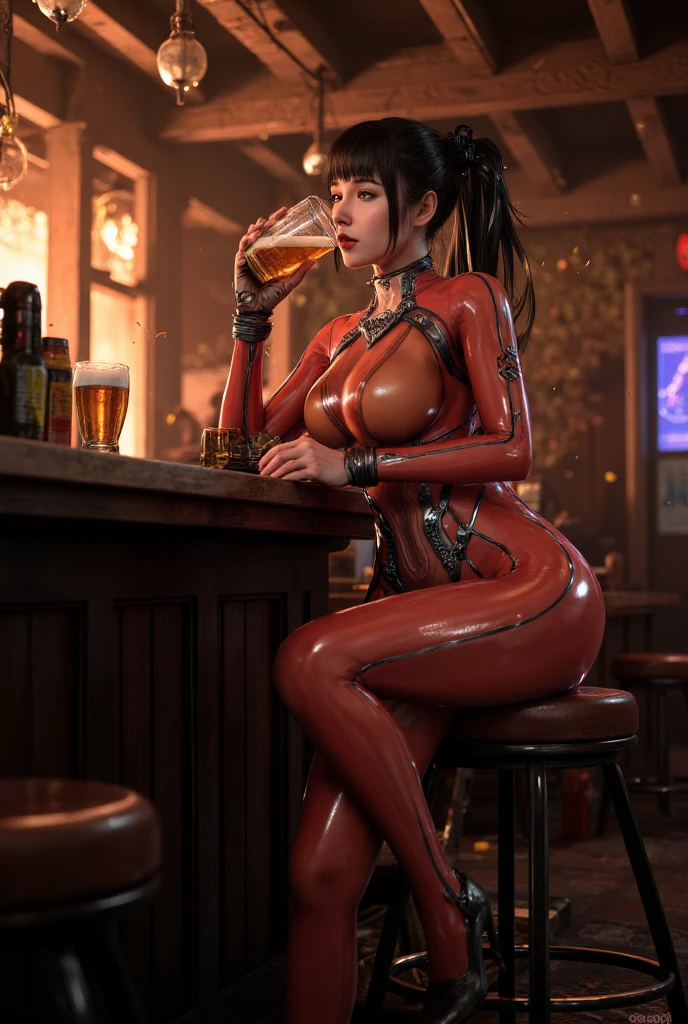 insanely detailed cinematic photography of a beautiful woman in bar, red haired female in latex tight dress, intricate and hyperdetailed painting by Ismail Inceoglu Huang Guangjian and Dan Witz CGSociety ZBrush Central fantasy art album cover art 4K 64 megapixels 8K resolution HDR