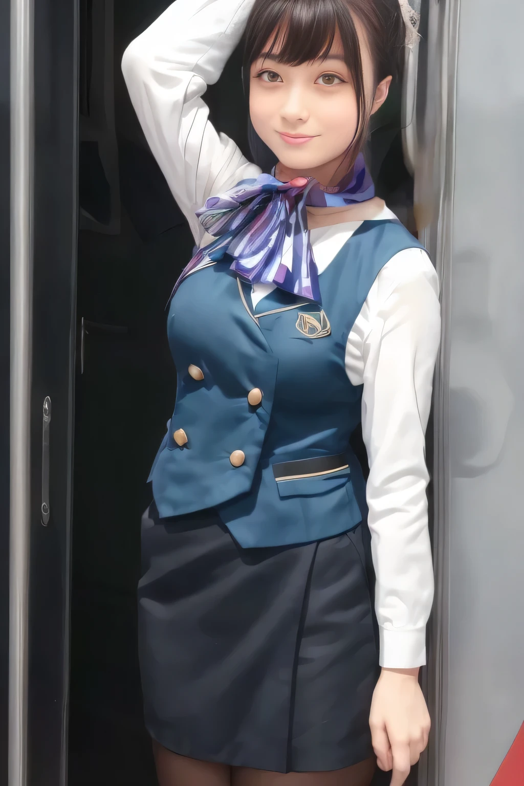 ( masterpiece :1.2, Top Quality:1.2), 32kHDR, Kampala , (alone、 1 girl)、(what 、 professional lighting )、In-flight background、(Nankai Train crew uniformを着たリアルなスタイル)、((Nankai Train crew uniformのグリーンのベスト))、((Nankai Train Crew Uniform Collarless White Long Sleeve Blouse )) 、((Nankai Train crew uniformの黒の巻きキュロットスカート 、 Put a scarf around your neck ))、 Has a lot of dark brown hair 、( Super Long Hair Wrap Hair、 Braid Summary Hair )、 Has a lot of dark brown hair 、 long hit 、Big Breasted 、Thin legs、(( Amazing hands :2.0)),(( Harmonious physique :1.5)),((Normal limb:2.0)),((Normal :2.0)),(( Delicate Eyes :2.0)),((Normal goal :2.0)))、smile、(Nankai Train crew uniformを着た美しい姿)、 with hands folded under the body