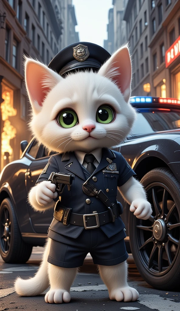 A cute anthropomorphic white kitten with big, expressive green eyes, wearing a police uniform and holds a gun, stands next to a police car on a street next to a burning building