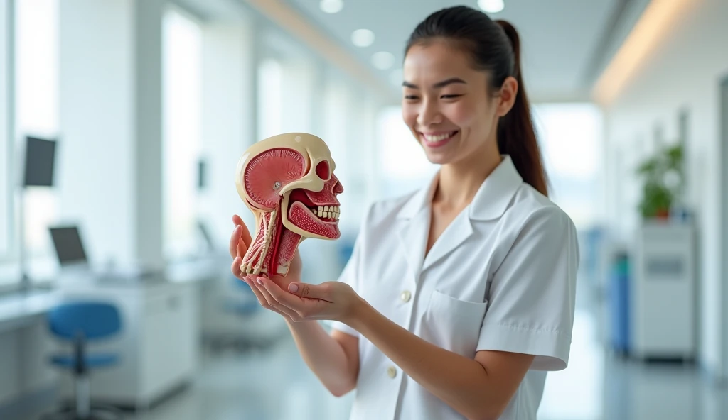 Close-up of half of the body ((extremely beautiful girl)). Her eyes are filled with happiness and desire. The background is a biology lab. She is wearing a lab coat, a human skull. The photo conveys a strong sense of the girl's appearance, ((smiling))