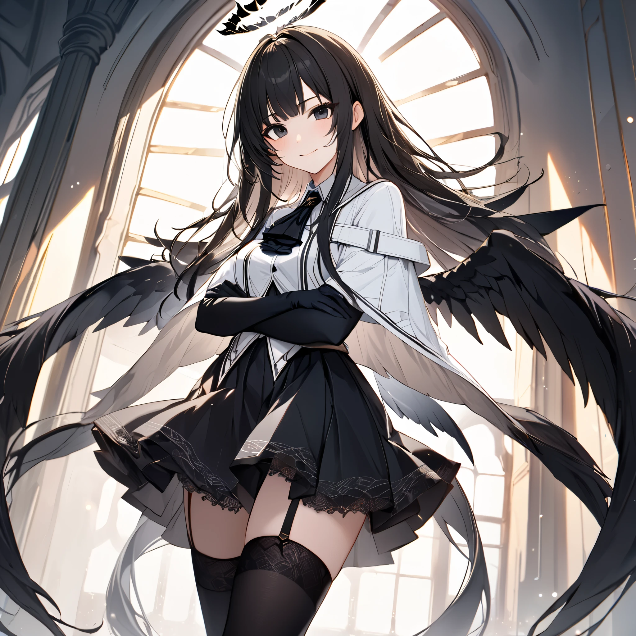 1girl, solo, Arturia, (upper_body:1.3), from_below, (cowboy_shot),
BREAK long_hair, bangs, skirt, medium_breasts, black_hair, very_long_hair, light_smile, closed_mouth,
BREAK black_footwear, high_heels, ascot, capelet, halo, white_capelet, very long hair, (black wings:1.3), ((detached wings)), black eyes, wings, black_gloves, (elbow_gloves), black_thighhighs, blunt_bangs, black_skirt, lace-trimmed legwear,
BREAK standing, looking at viewer, blush, (crossed_arms),
BREAK indoors, window_shade, sunshine, (tyndall_effect),
((masterpiece)), (highres), (best_quality), (highly_detailed), (original),(Delicate background),(extremely detailed 8K wallpaper),cinematic lighting, volume lighting, light particles, shaded_face, beautiful_detailed_eyes, depth_of_field, perspective,