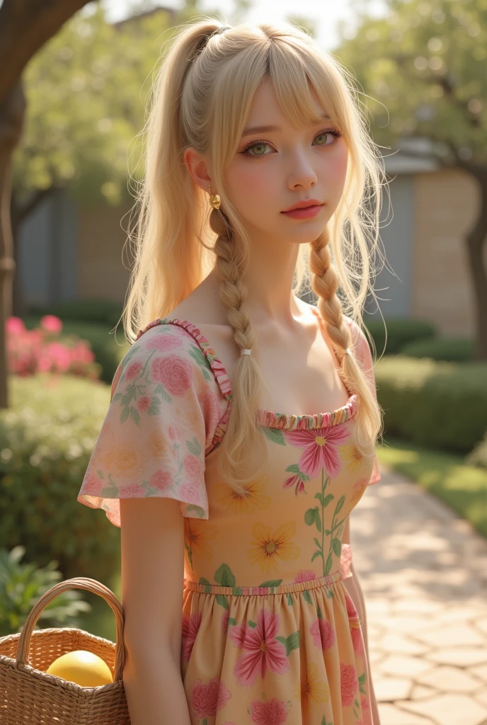 (top quality, 4K, masterpiece :1.3) a eighteen beautiful european woman, blonde haired, pale skin, very pale green eyes, slanted eyes, very long hairs, high ponytail braids, light pink lips, holding a shopping basket, beautiful detailed eyes, cute earring, cute long colorful dress, cute shoes, happy look, romantic garden landscape, delicate face, shy pose, cute and warm lighting, warm angle, detailed background, beautiful detailed eyes, whole body, stand up, flowers hairstyle, wavy hair, small, medium sized chest