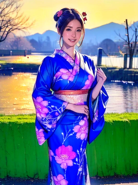 A beautiful Japanese woman is wearing a kimono on New Year's Day. (Kimono, blue, Ukiyo-e pattern, lace, frill fashion: 1.3), ( Dynamic Poses ), ( is standing), (smile), (Background Winter Scenery : 1.3), To celebrate the new year . to express the elegance of clothing and the serenity of the holiday、The background must be a soft color .