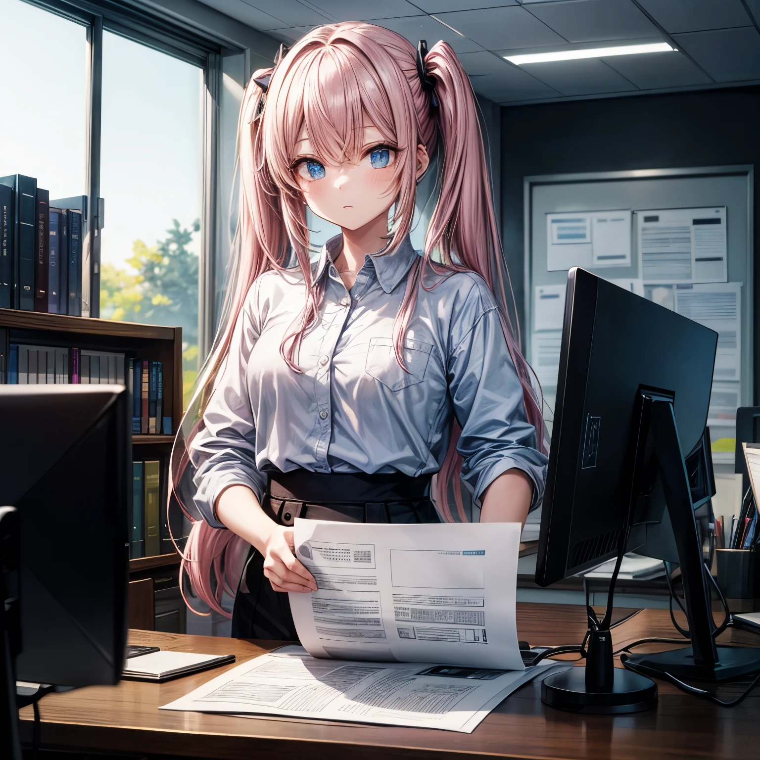 EYES NOT TO THE CAMERA. Extremely detailed, CG unity 8k Wallpaper, Masterpiece, best quality, ultra detailed, Best shadow, sharp lineart. Korean webtoon style, female girl with long pink hair, lazy low twin tails and blue eyes. Dynamic Camera. In a busy office. The girl is busy with her work, focusing her eyes on the computer in front of her. Bseide the computer is multiple stacks of documents and papers. 