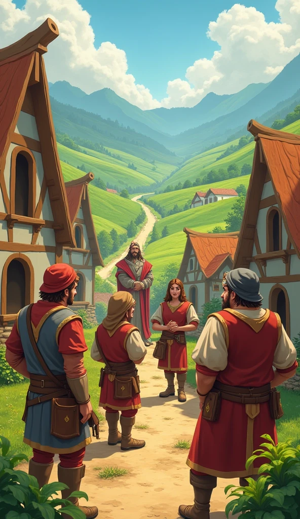 The reformed bandits working hard in the kingdom, building homes, farming, and helping villagers. The scene is cheerful, with the king and queen watching from a distance, smiling. The setting features a vibrant, prosperous village with green fields and happy villagers.