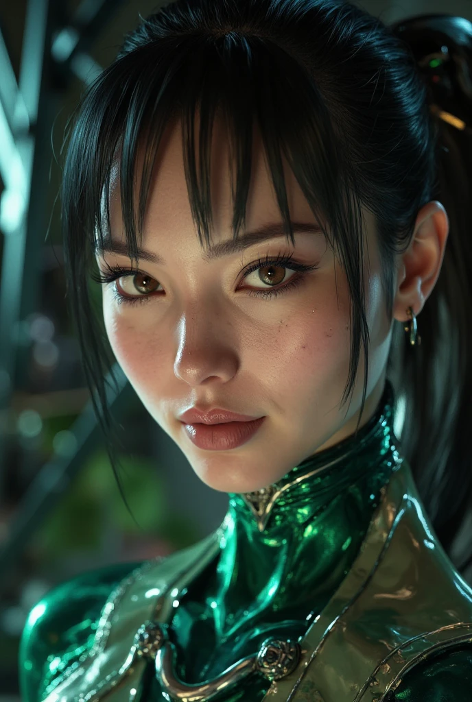 a girl in a green nano suit,Eve from StellarBlade,beautiful detailed eyes,beautiful detailed lips,extremely detailed face and eyes,long eyelashes,hyper-realistic,photorealistic,intricate details,highly detailed,8k, masterpiece,studio lighting,HDR,ultra-fine painting,physically-based rendering,vibrant colors,complex background,advanced technology, futuristic,sci-fi,dramatic lighting