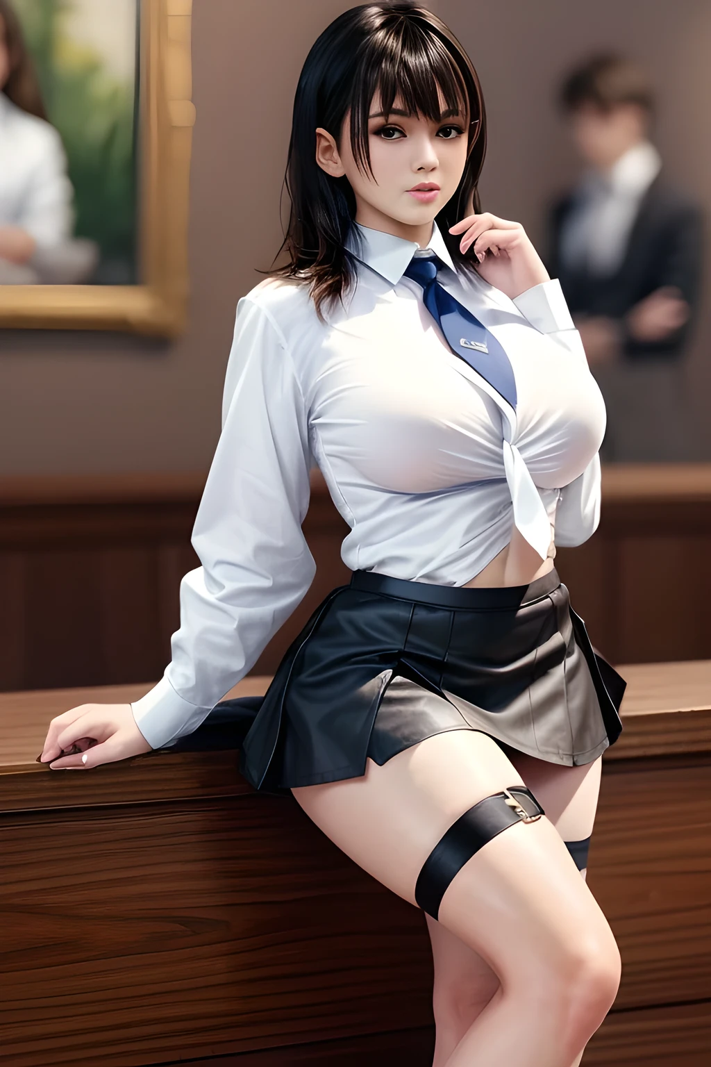 high quality、最high quality、masterpiece、8K、surreal、That&#39;s ridiculous、1 girl、完璧なcute女の子、cute、short hair、happy smile、shiny skin、(nice leg line:1.3)、beautiful thighs、big breasts thin waist、huge breasts 、fluffy chest、uniform、tie、(pencil skirt)、pantyhose、high heels 、office room、Depth of bounds written、look at the audience、standing、From the side、Upper body、sexy legs、 --automatic