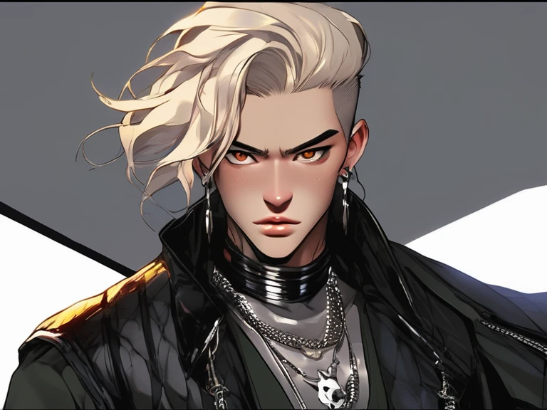 Create an extravagant portrayal of a guy in Gothic style, emphasizing the guy theme. The design should feature Gothic elements such as lace, chains, and Victorian details, showcasing an elegant and intricate style. Utilize a color palette of black, white, and pastel tones to capture the unique Gothic aesthetic. The design must be eye-catching, with the guy centered in the image against a white background. he should fit well within the space, ensuring he does not touch the edges of the canvas. No text should be included in the image.