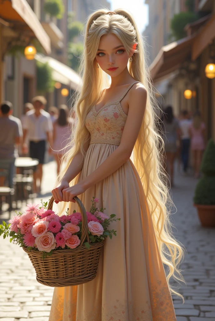 (top quality, 4K, masterpiece :1.3) a eighteen beautiful european woman, blonde haired, pale skin, very pale green eyes, slanted eyes, very long hairs, high ponytail braids, light pink lips, holding a shopping basket, beautiful detailed eyes, cute earring, cute long colorful dress, cute shoes, happy look, romantic Victorian streets landscape, delicate face, shy pose, cute and warm lighting, warm angle, detailed background, beautiful detailed eyes, whole body, stand up, flowers hairstyle, wavy hair, small, medium sized chest, realistic