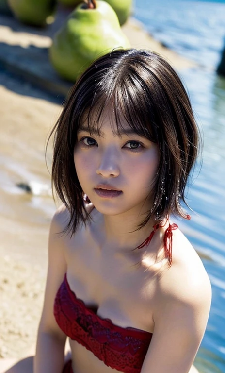 ((Highest quality)), ((masterpiece)), (detailed), Silhouette-Lighting , (Japanese), , (Childish face), (Bob Hair), Girl, (big Breasts), (naked),topless, (Blue eyes),half-smile ,Silhouette Lighting, (Moonlit Night) , milky way, (upper body) ,beach,Water's Edge,
