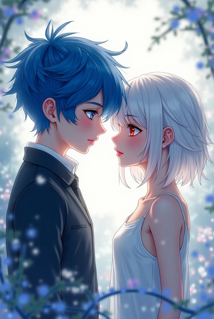 Anime boy with blue and white hair and with a girl with white hair and red eyes